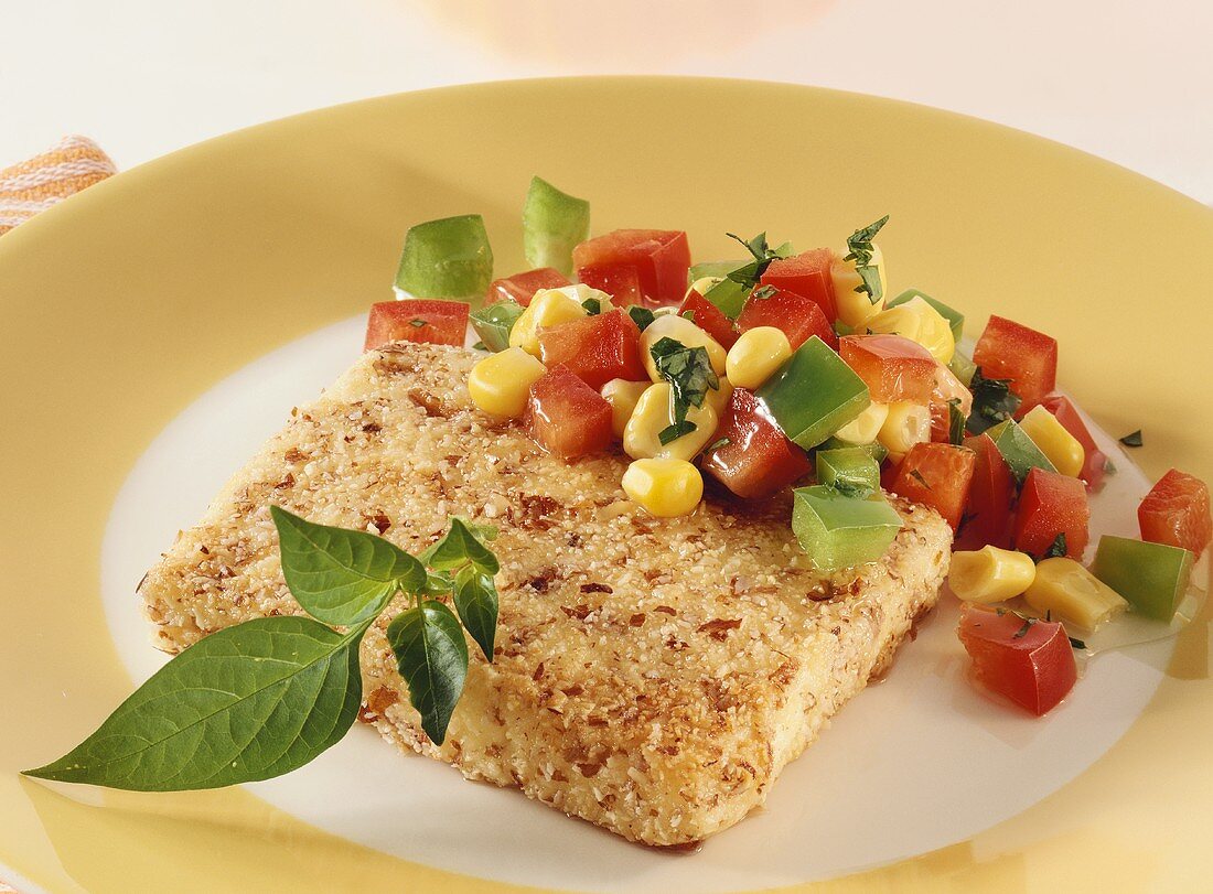 Fried sheep's cheese with pepper and sweetcorn salad