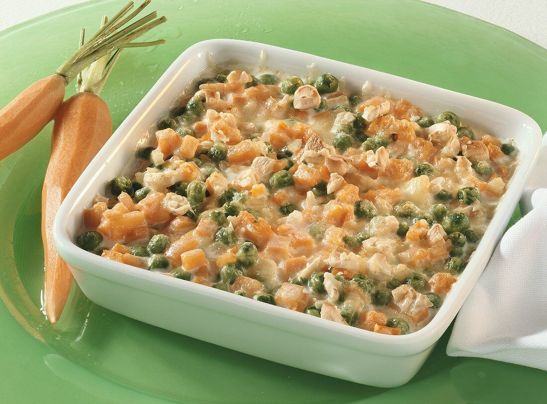 Carrot gratin with peas