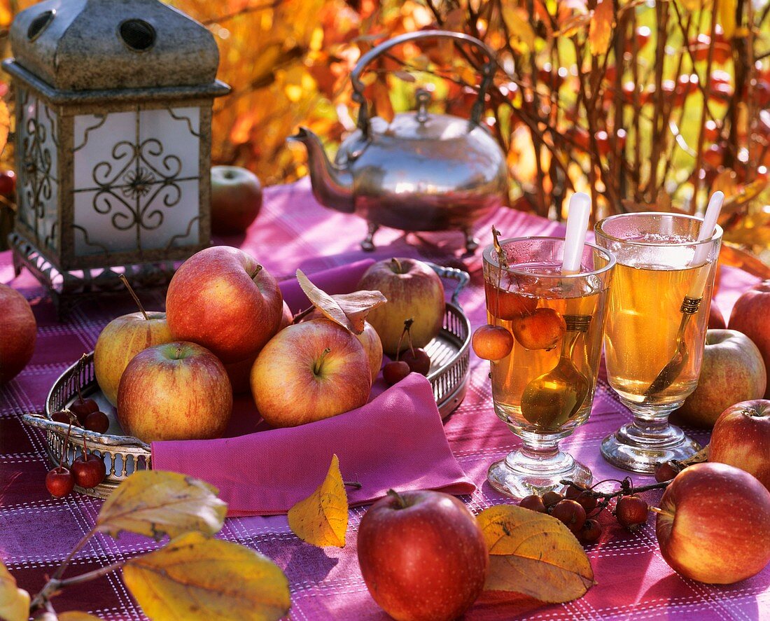 Äpfel und Apfelsaft auf herbstlich dekoriertem Tisch