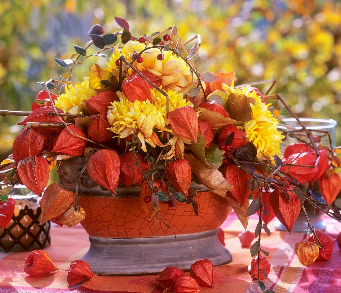 Gesteck aus Herbstchrysanthemen und Lampionblumen