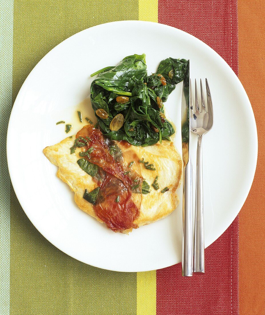Chicken saltimbocca and spinach with sultanas