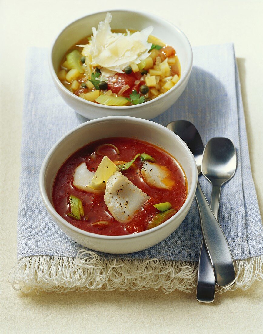 Fish & tomato soup and potato soup with tomatoes & capers