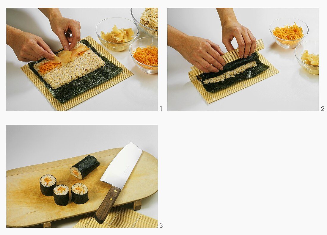 Making maki sushi with pickled ginger