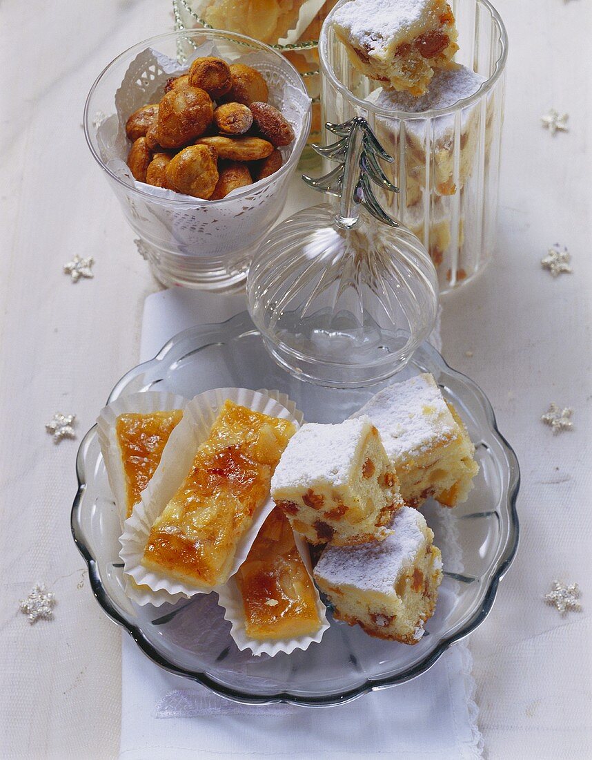 Stollen squares, ginger fruit slices and nuts