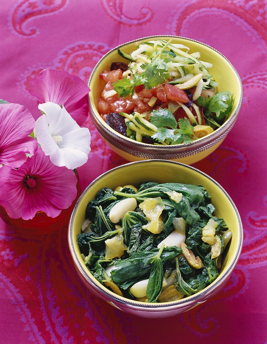 Mallow salad with garlic and courgette salad (Morocco)