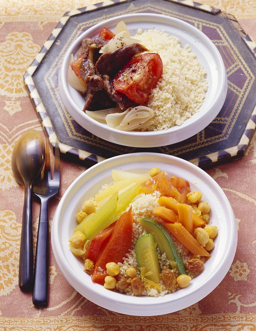 Vegetable couscous and couscous with dried meat (Morocco)