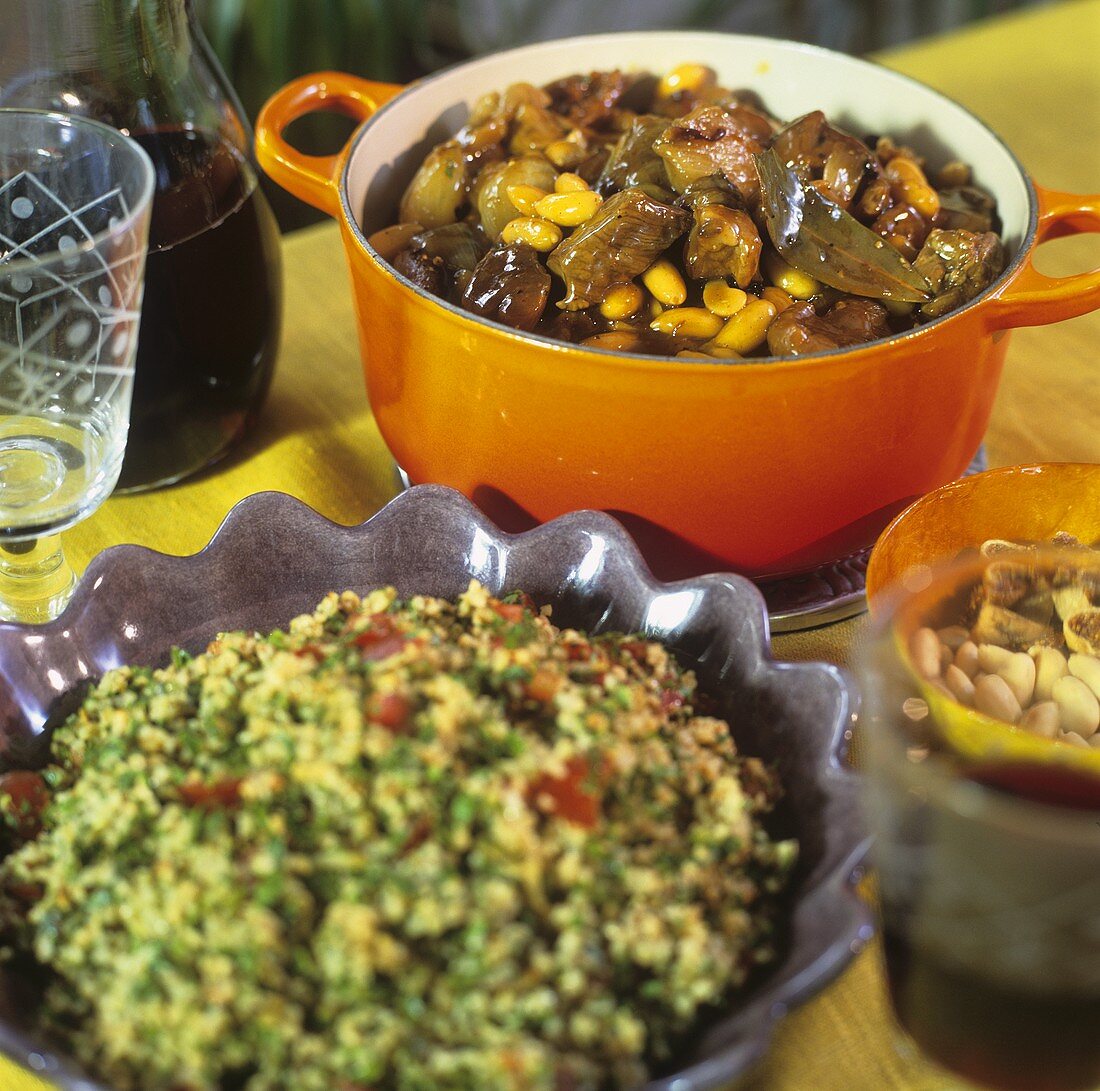 Tabbouleh and lamb stew with dried figs and nuts
