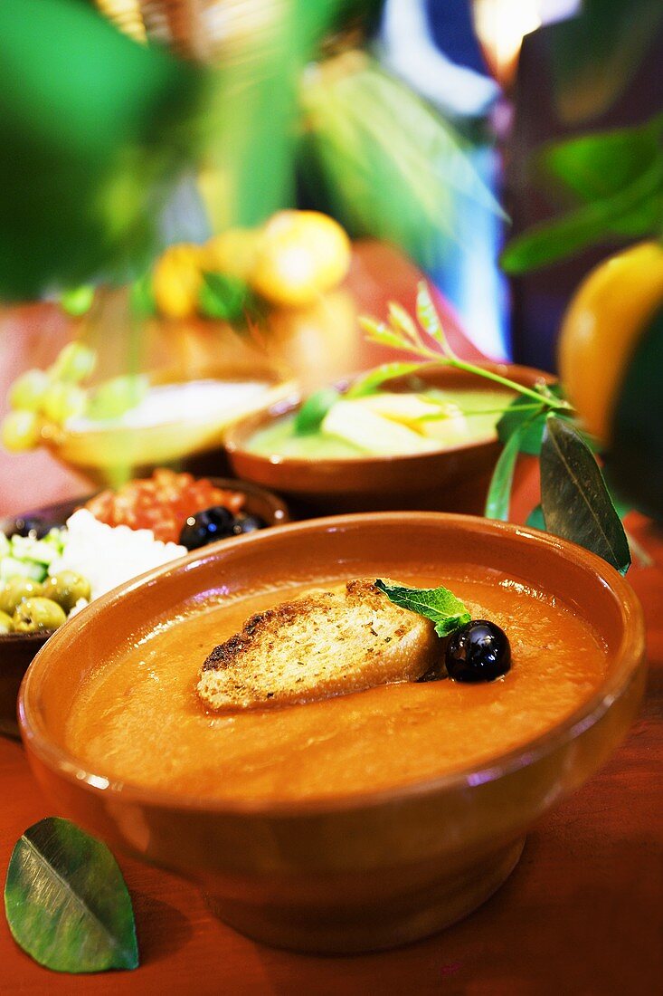 Tomatencremesuppe mit Röstbrot und Olive