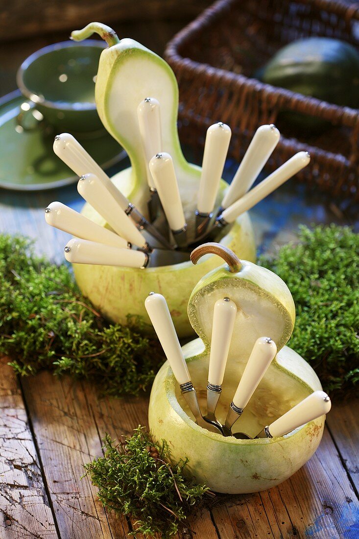 Squashes used as cutlery holders
