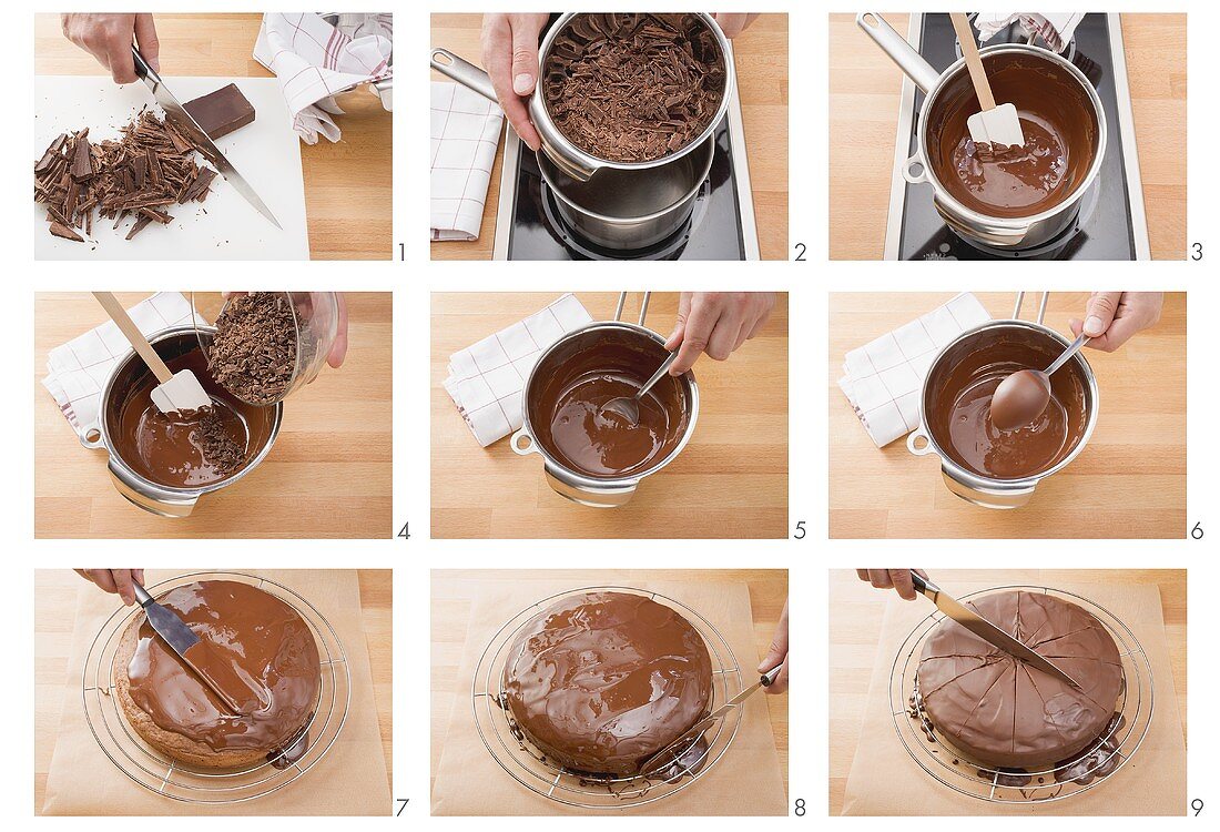 Melting couverture chocolate and coating a cake with it