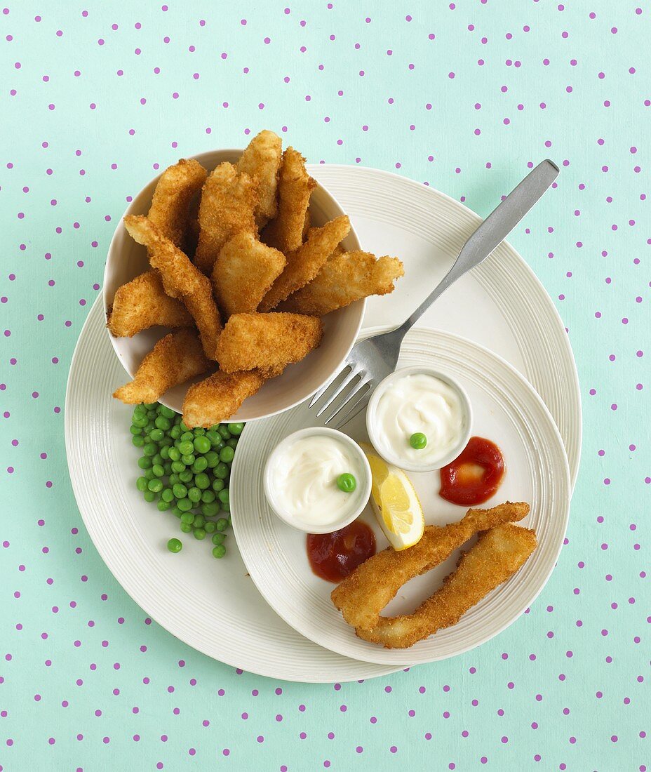 Fish goujons with peas and dips for children