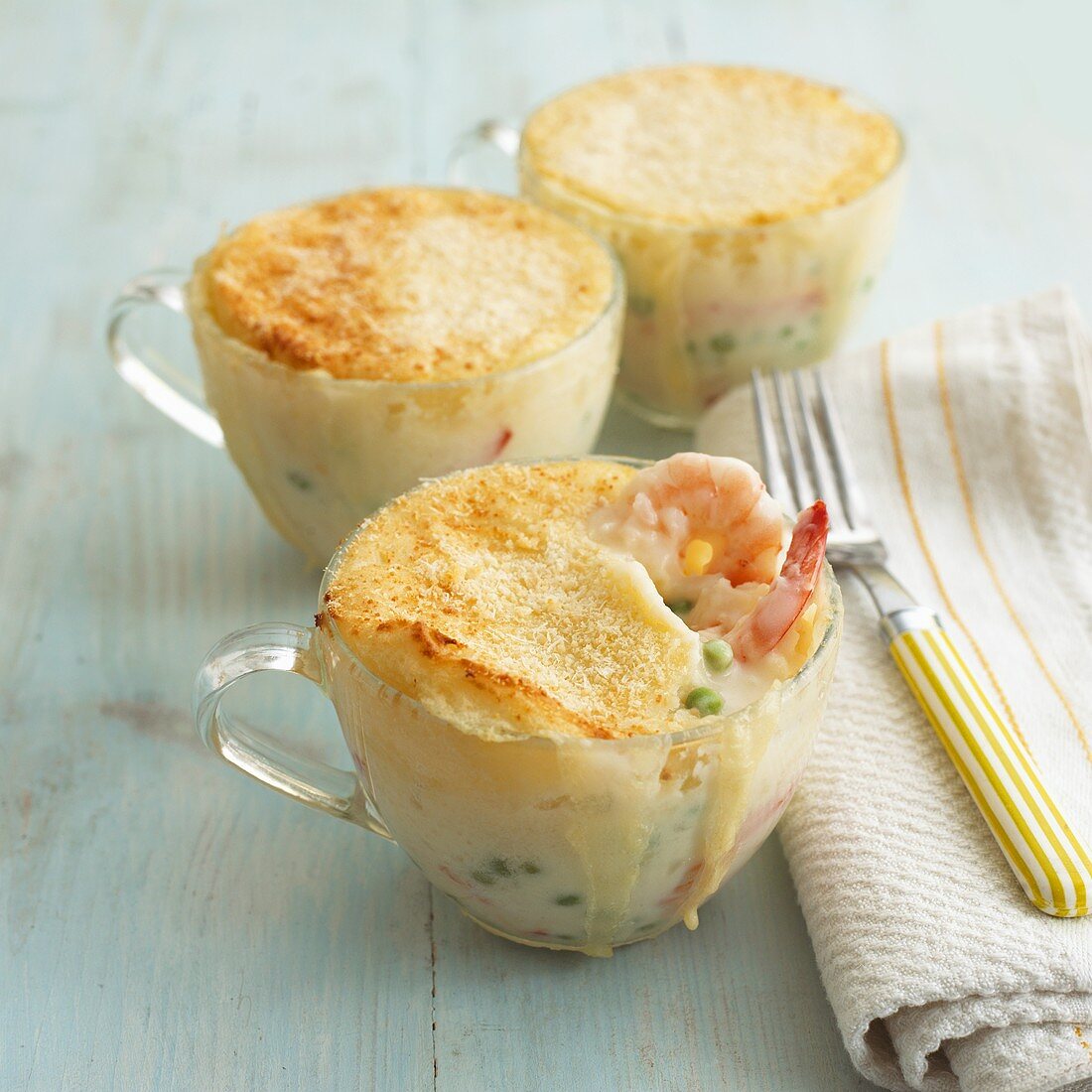 Prawn and pea pies in glass cups