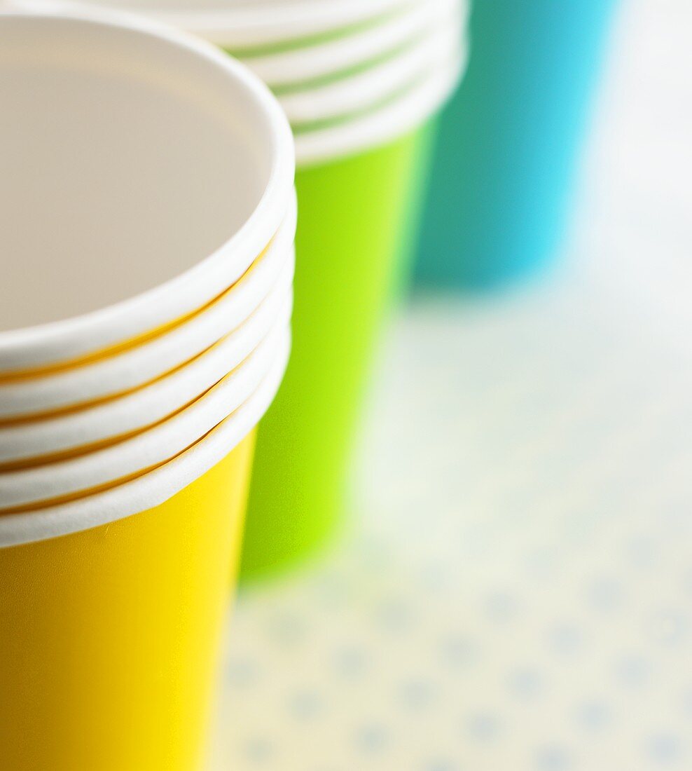 Coloured paper cups, stacked