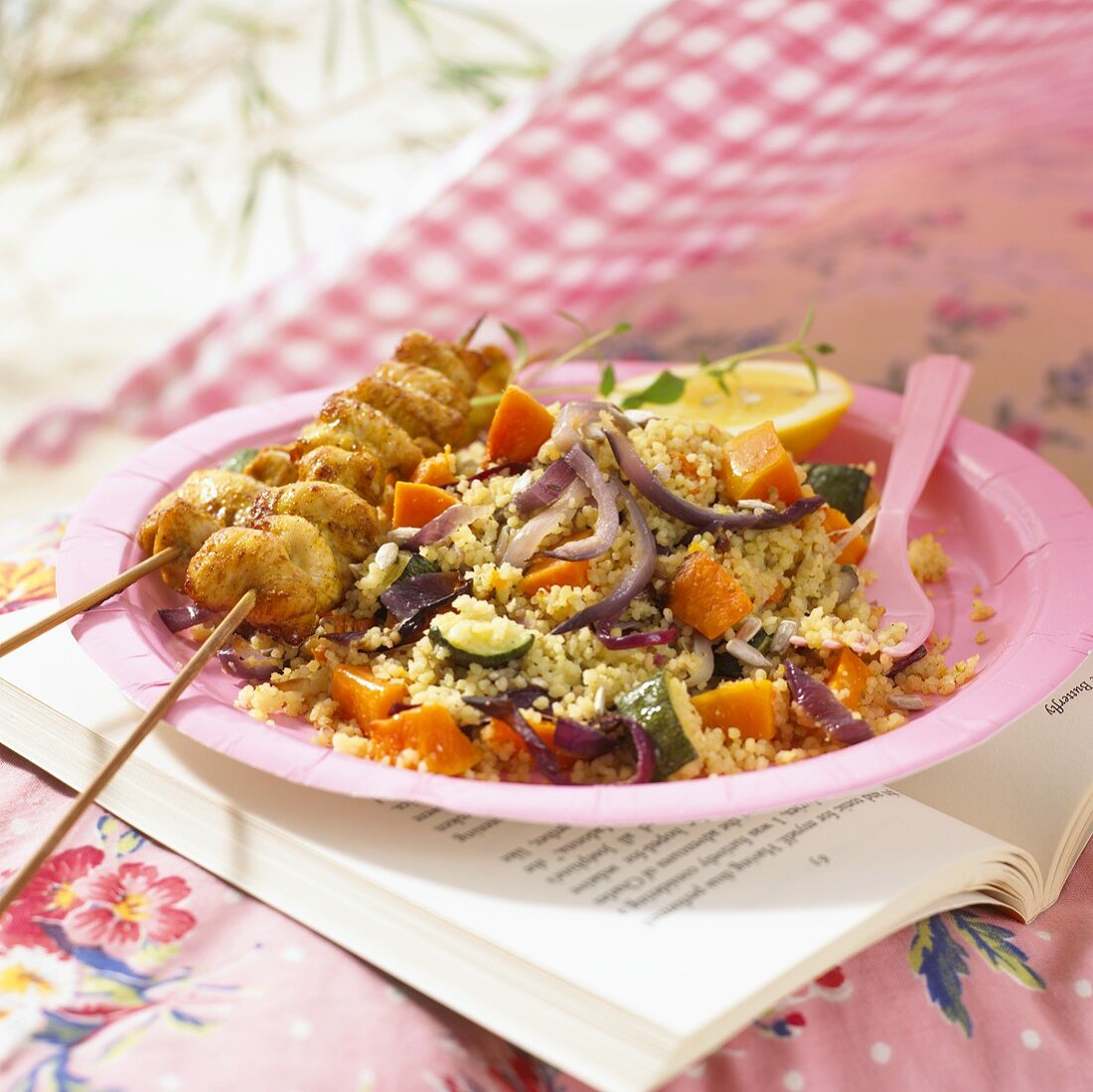 Chicken skewers and couscous with butternut squash for a picnic