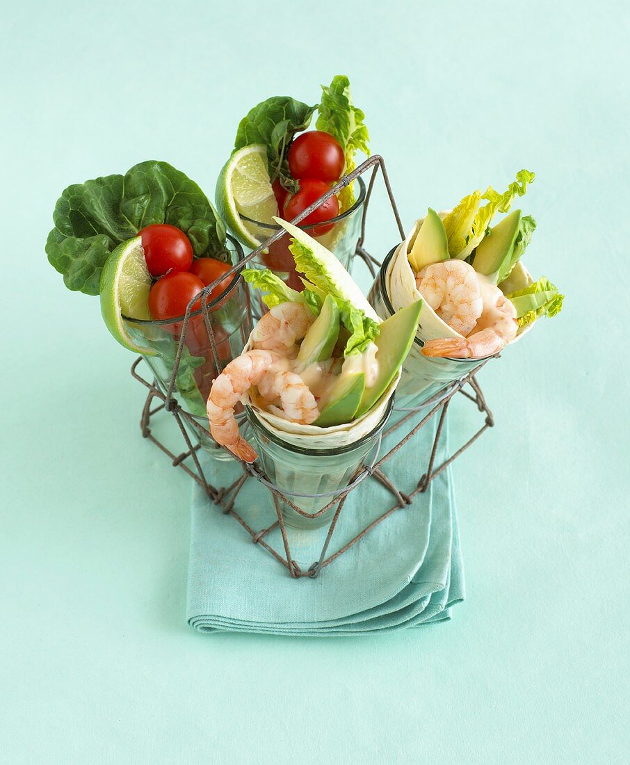 Prawn and avocado wraps in carrier