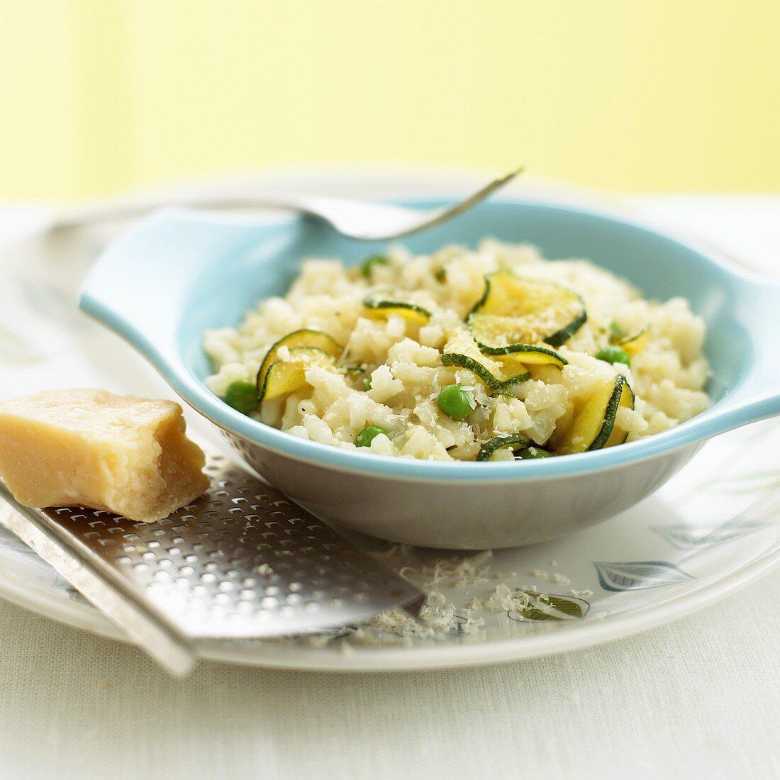 Risotto primavera with courgettes, peas and Parmesan