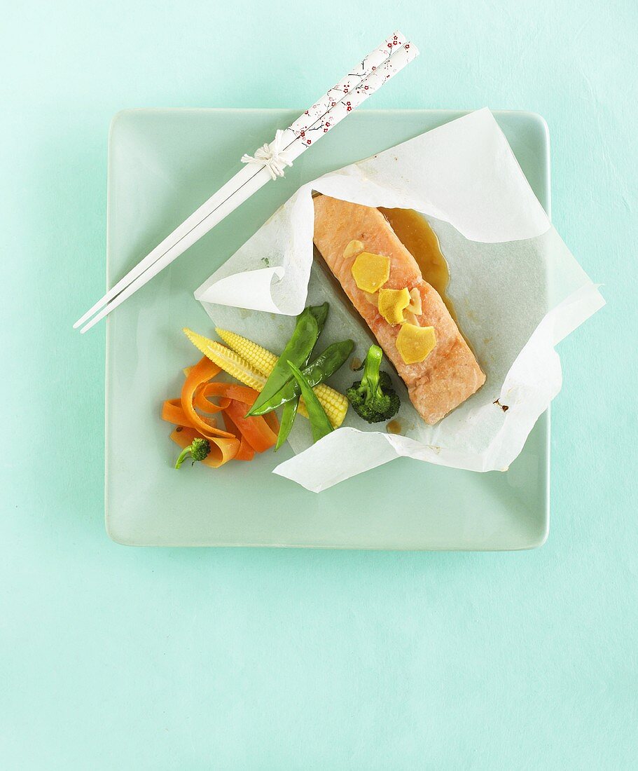 Salmon with teriyaki sauce in greaseproof paper