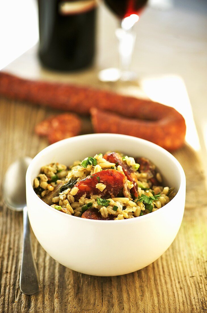Barley risotto with vegetables and chorizo