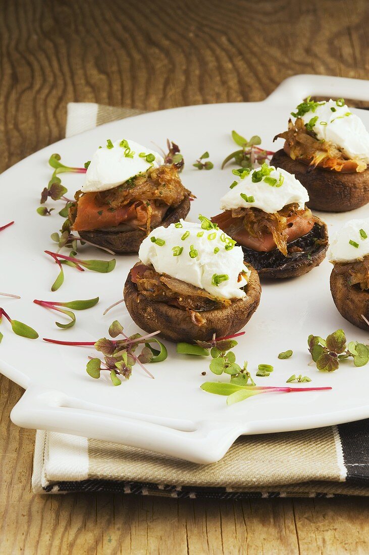 Stuffed mushroom caps topped with goat's cheese