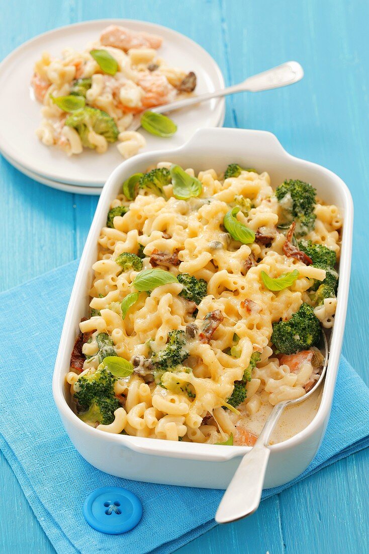 Pasta bake with broccoli, salmon, dried tomatoes and basil