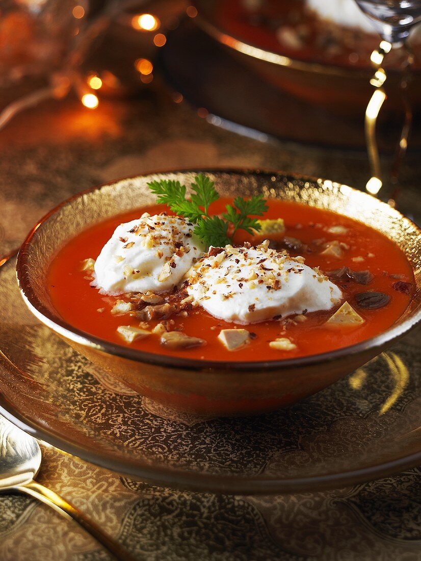 Red pepper soup with goose liver (Christmas)