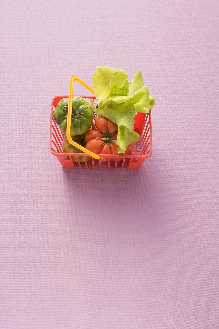 Einkaufskorb mit Tomaten und Salatblättern