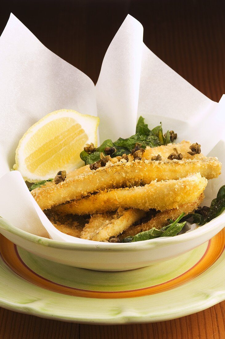 Deep-fried whiting fillets with lemon and capers