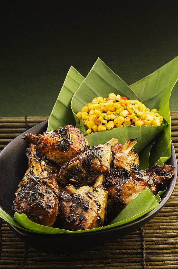 Chicken drumsticks with green tea leaves and sweetcorn salad (Asia)