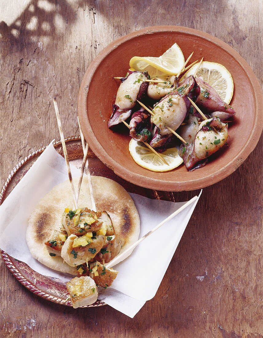 Tuna kebabs and stuffed squid