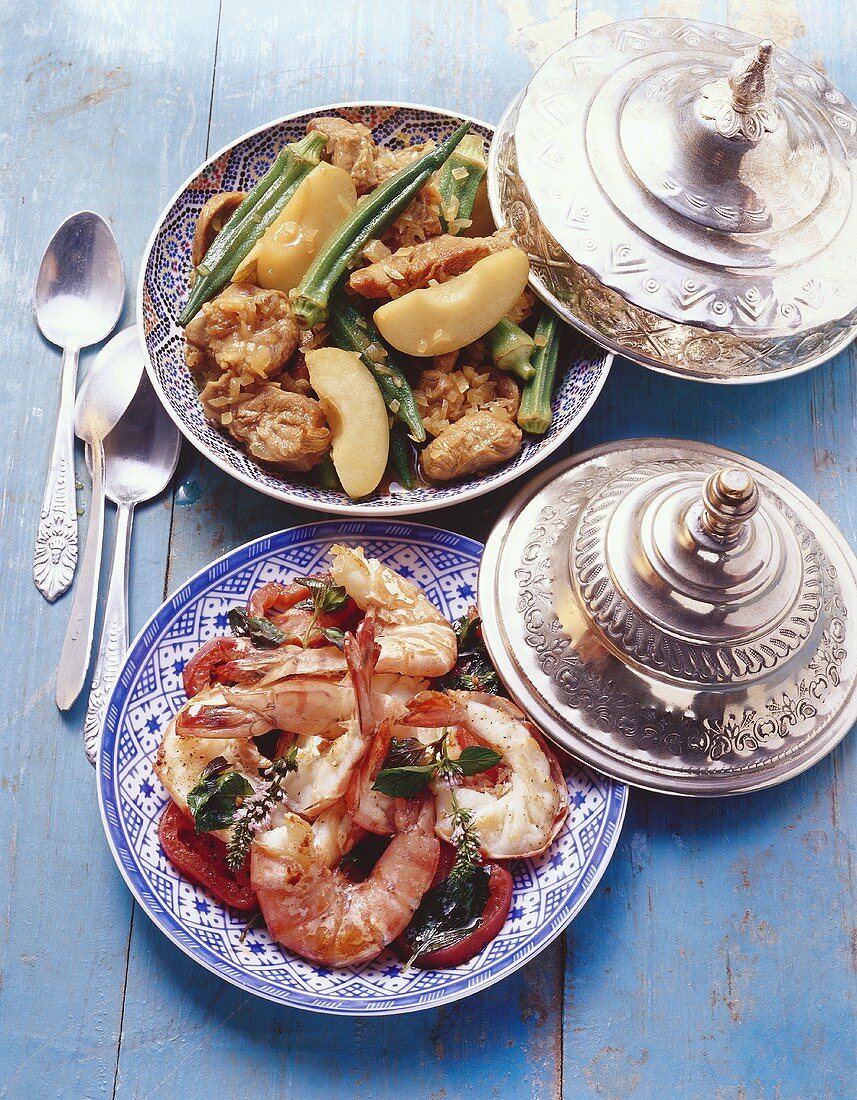 Veal tajine with apples and okra, shrimp tajine with mint