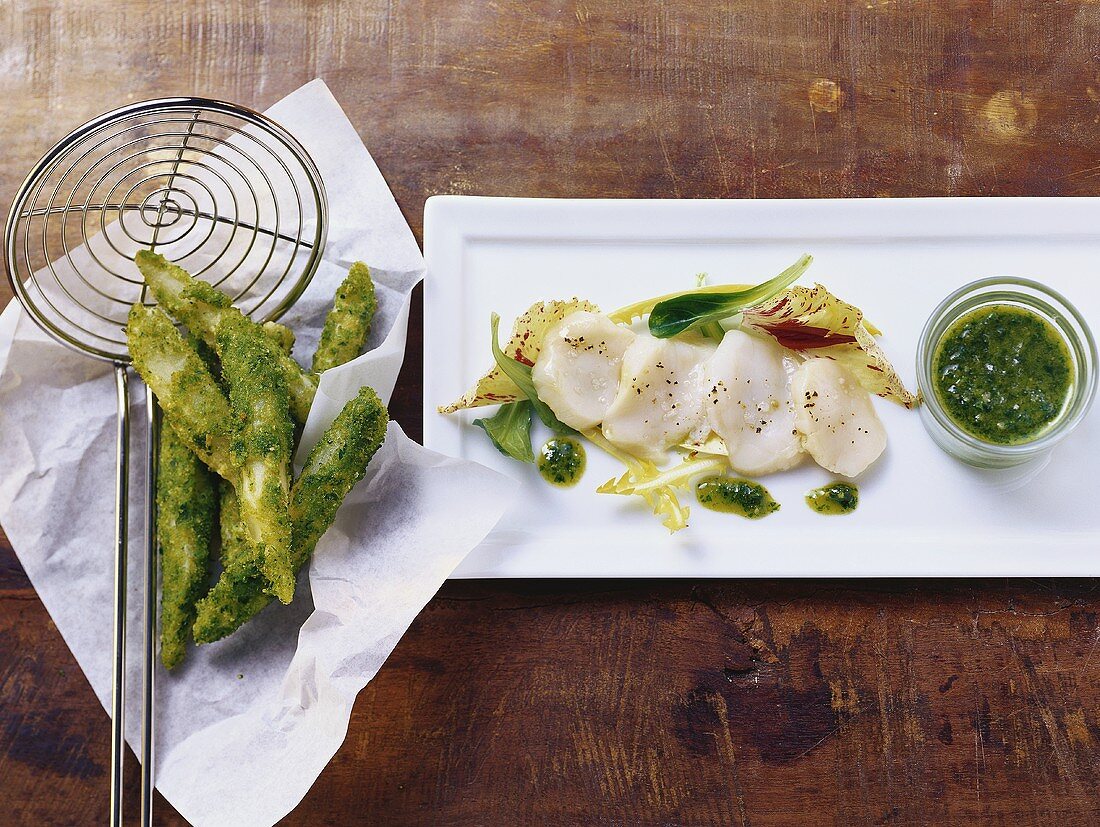 Scallops with coriander pesto