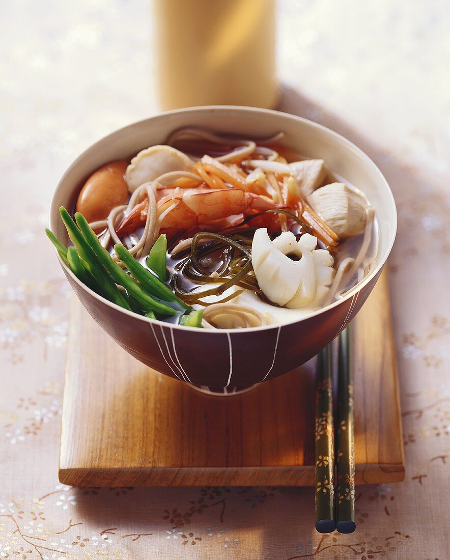 Japanese seafood stew with soba noodles