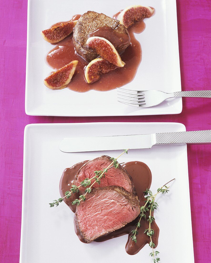 Beef fillet with chocolate sauce; beef medallions with figs