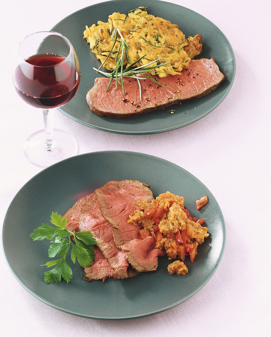 Roast beef with pepper and nut sauce and roast beef with rosti