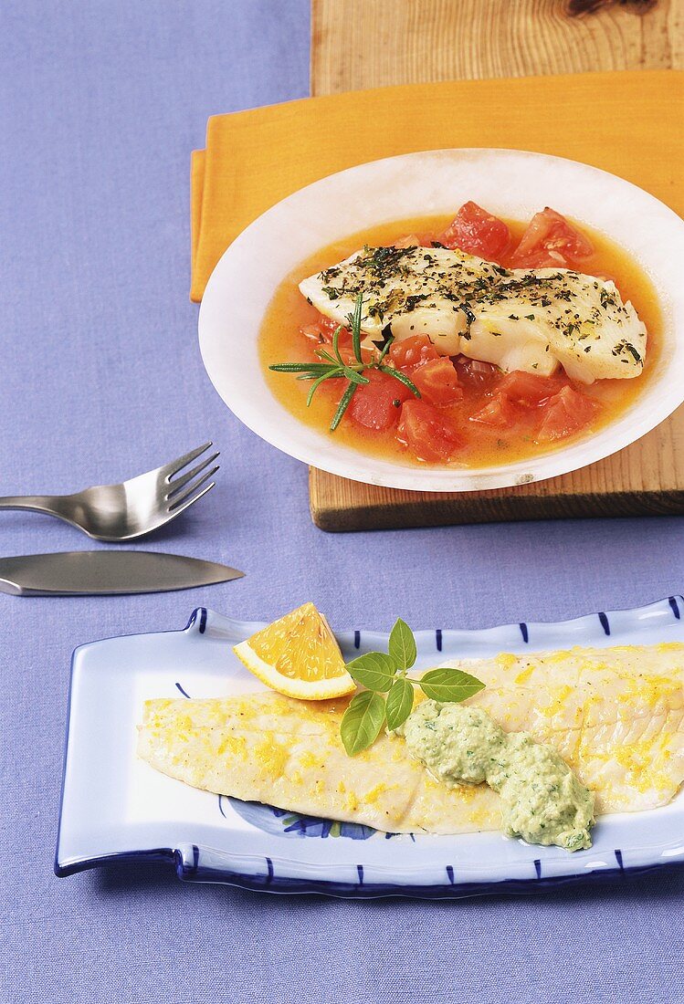 Zanderfilet mit Basilikumcreme & Heilbutt mit Tomatengemüse