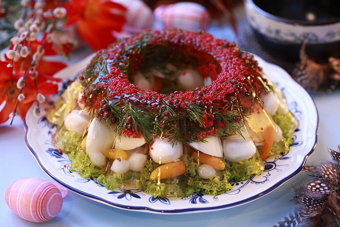 Vegetables and quails' eggs in jelly for Easter