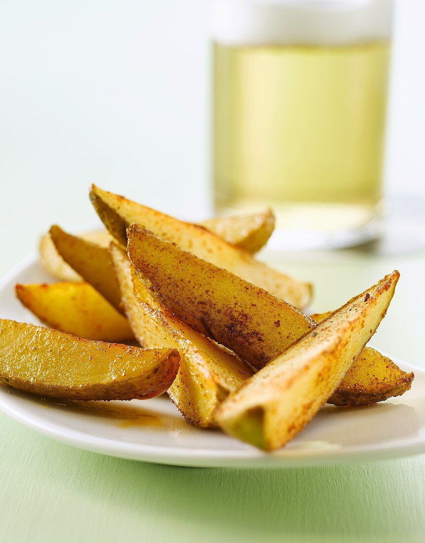 Potato wedges with a glass of beer