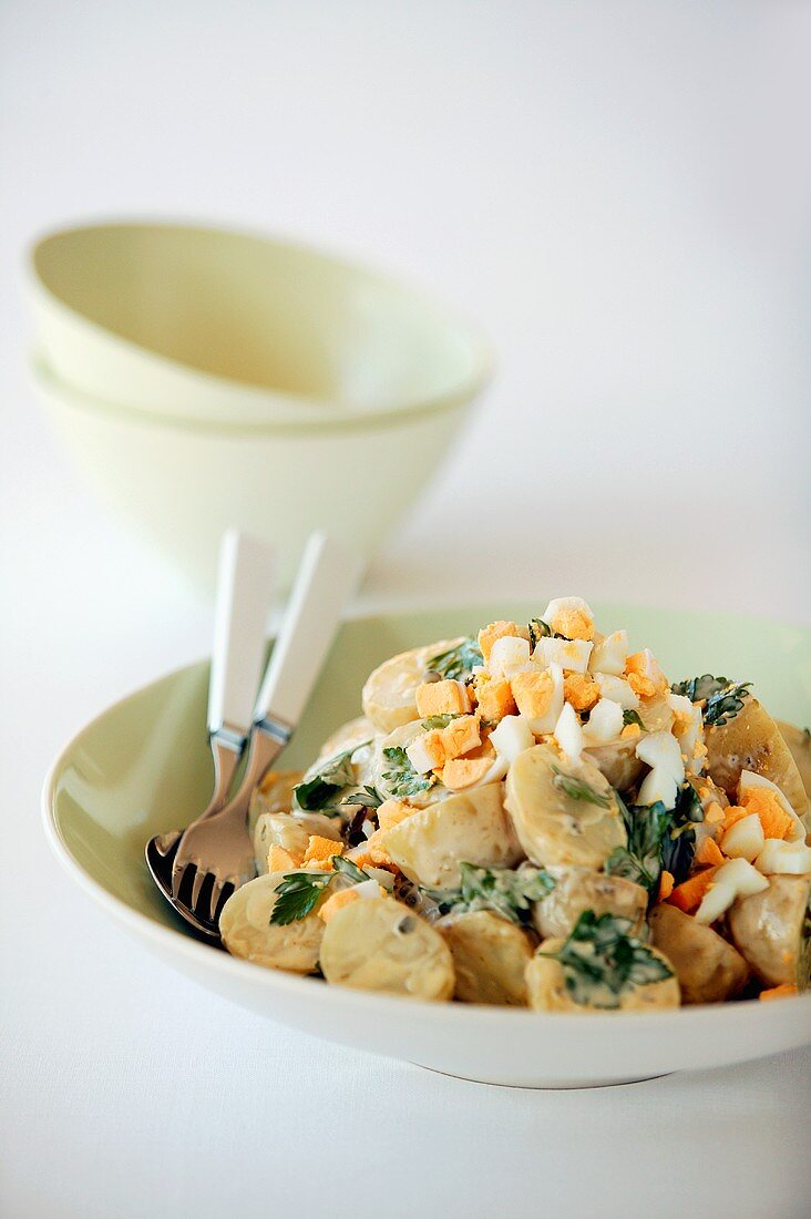 Potato salad with boiled egg and parsley