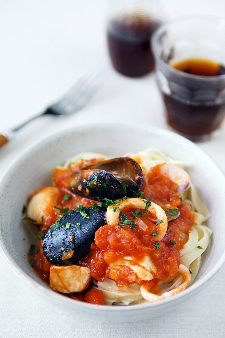 Fettuccine with seafood and tomato sauce