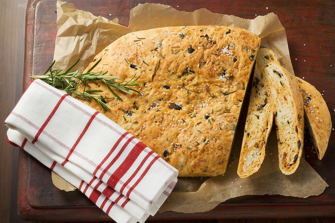 Focaccia with cheese and olives