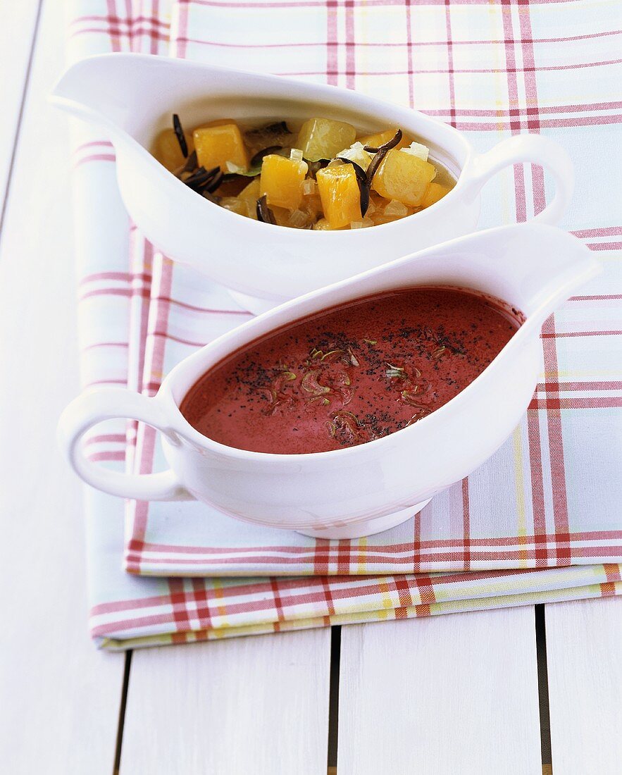 Pumpkin sauce and beetroot sauce with poppy seeds