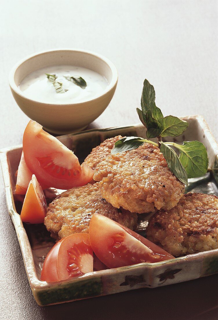 Bulgur wheat burgers with tomatoes and minted yoghurt