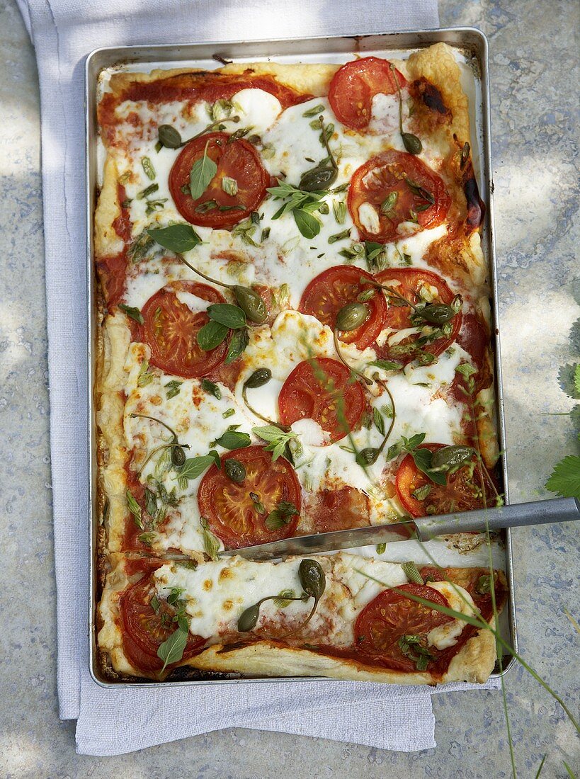 Sommerliche Tarte mit Tomaten, Ziegenfrischkäse und Kapern