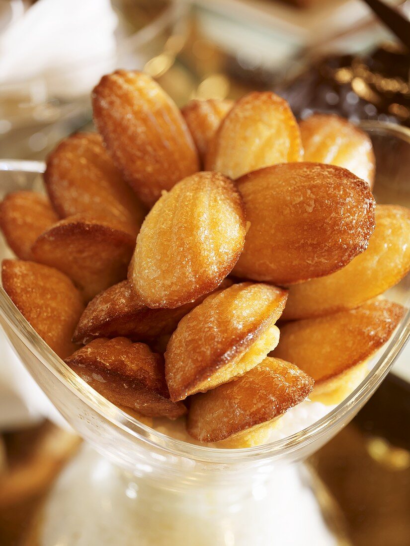 Freshly baked madeleines in glass dish
