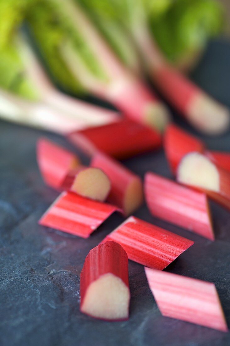 Sticks of rhubarb cut into pieces