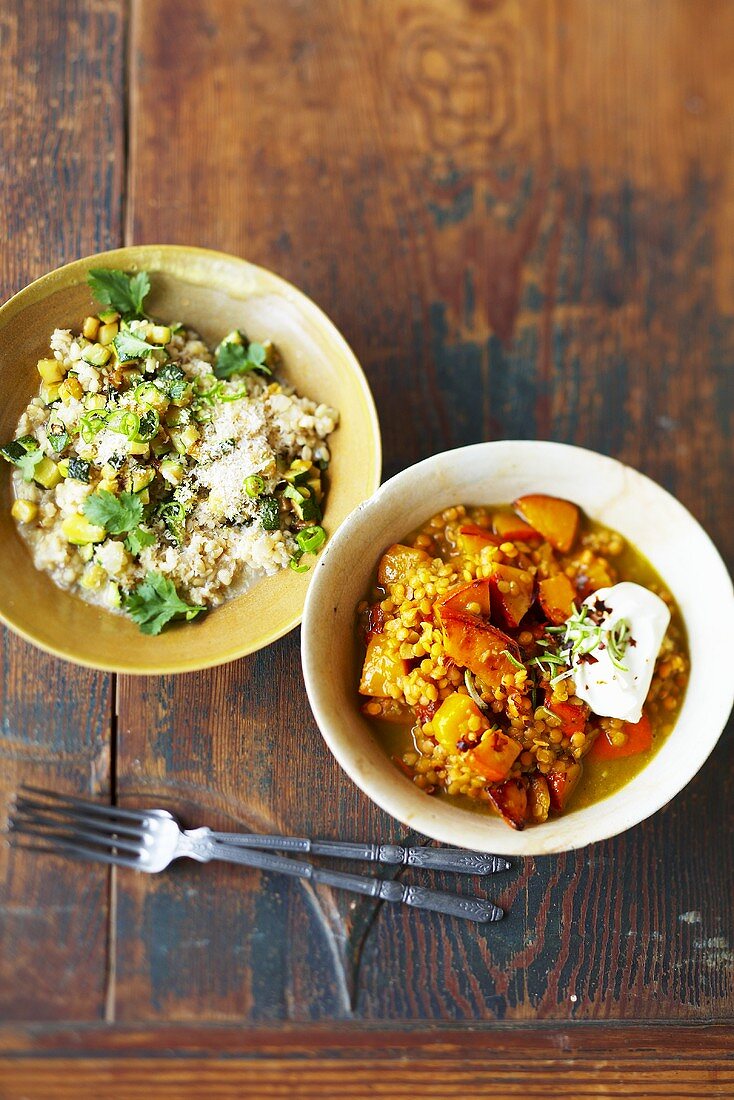 White and green lentil curry and lentil curry with ginger