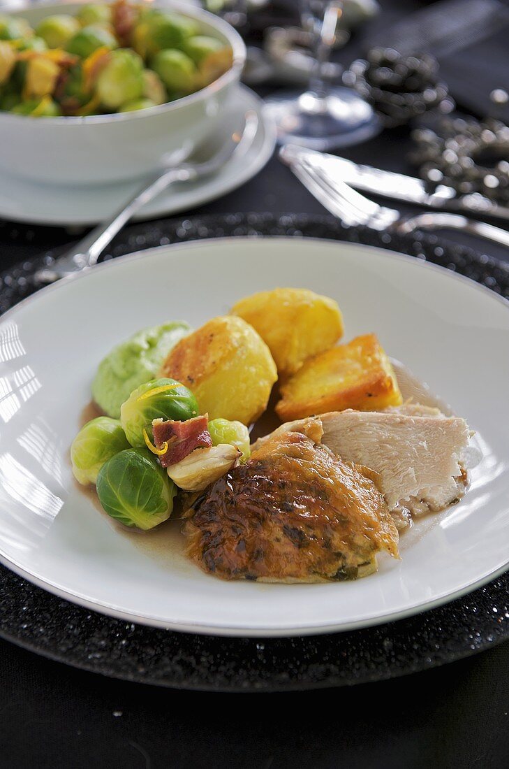 Turkey with Brussels sprouts and roast potatoes for Christmas