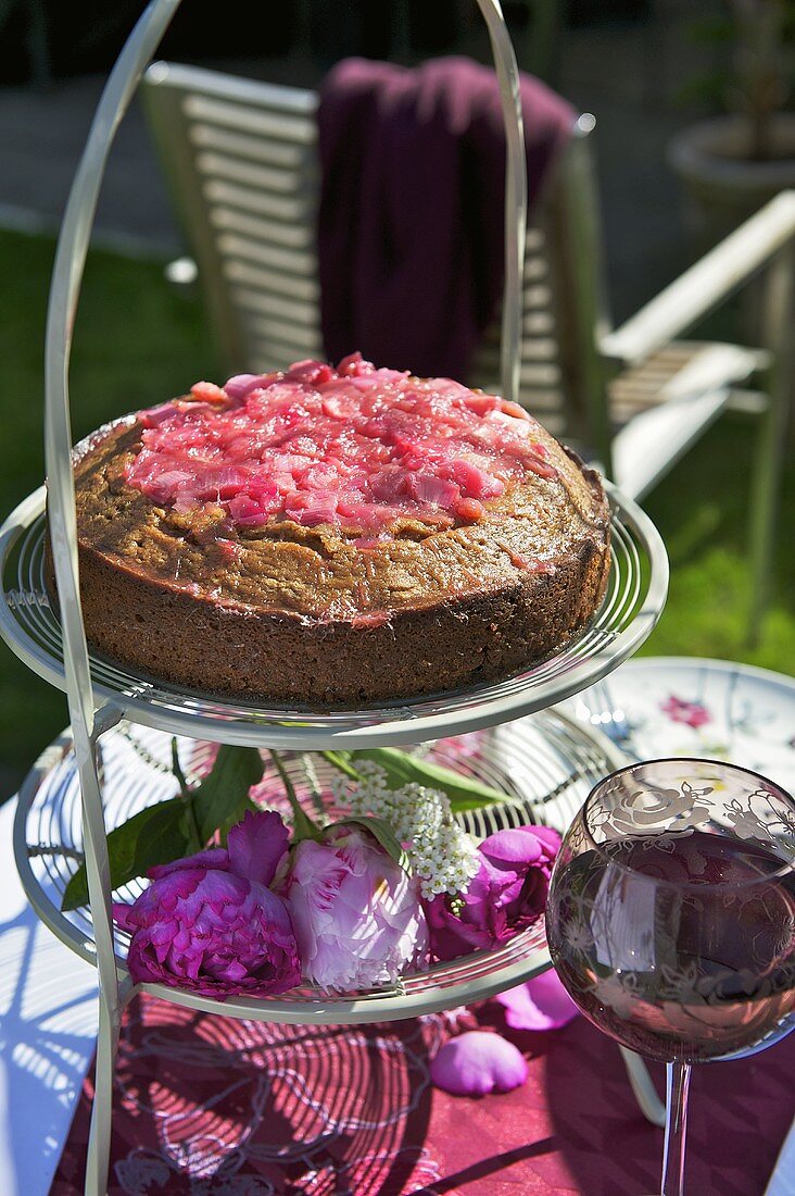 Rhubarb cake on tiered stand