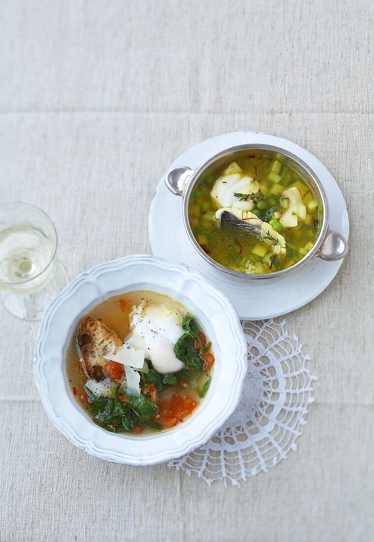Fish soup with saffron and spinach soup with egg
