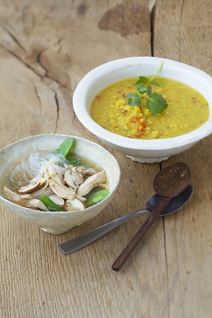 Indian mung dal soup and glass noodle soup